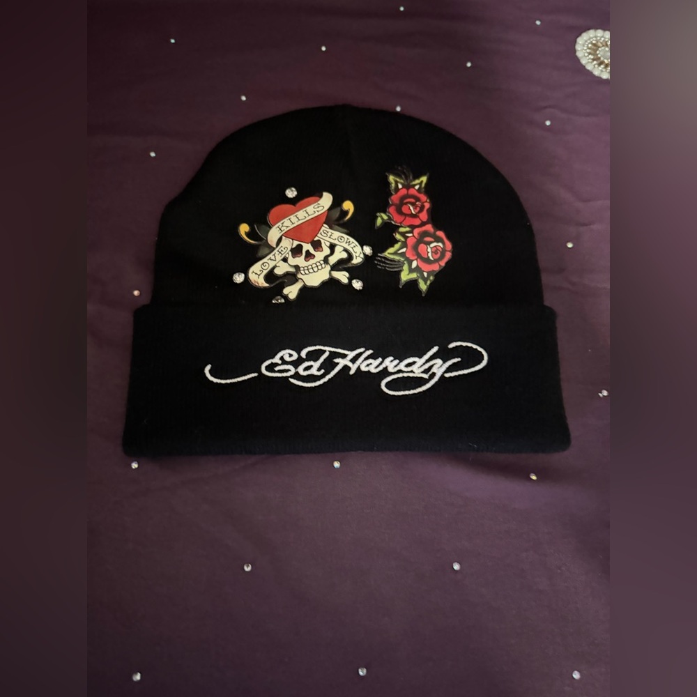 NWOT Ed Hardy Black Hat with Skull and Roses